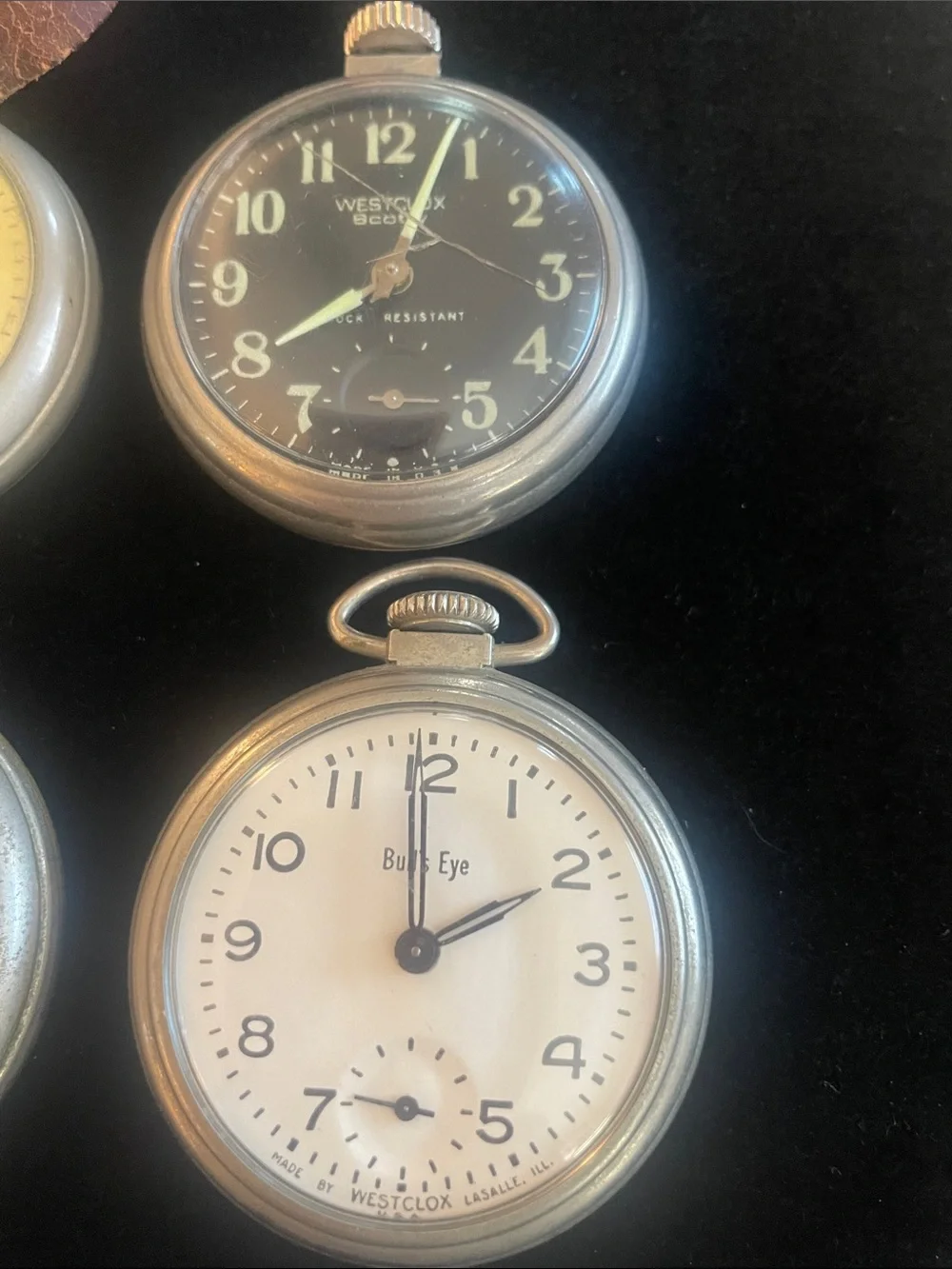 Set of 4 Vintage Pocket Watches, 3 Westclox Scotty & 1 Bullseye ALL RUN!